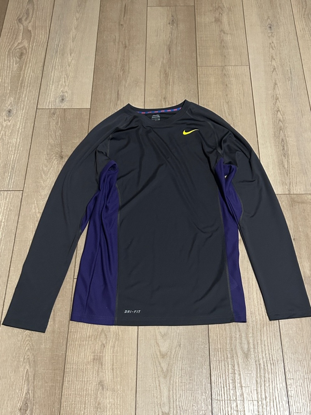Nike Black Long Sleeve Dri-FIT Shirt with Purple Panels and Yellow Swoosh